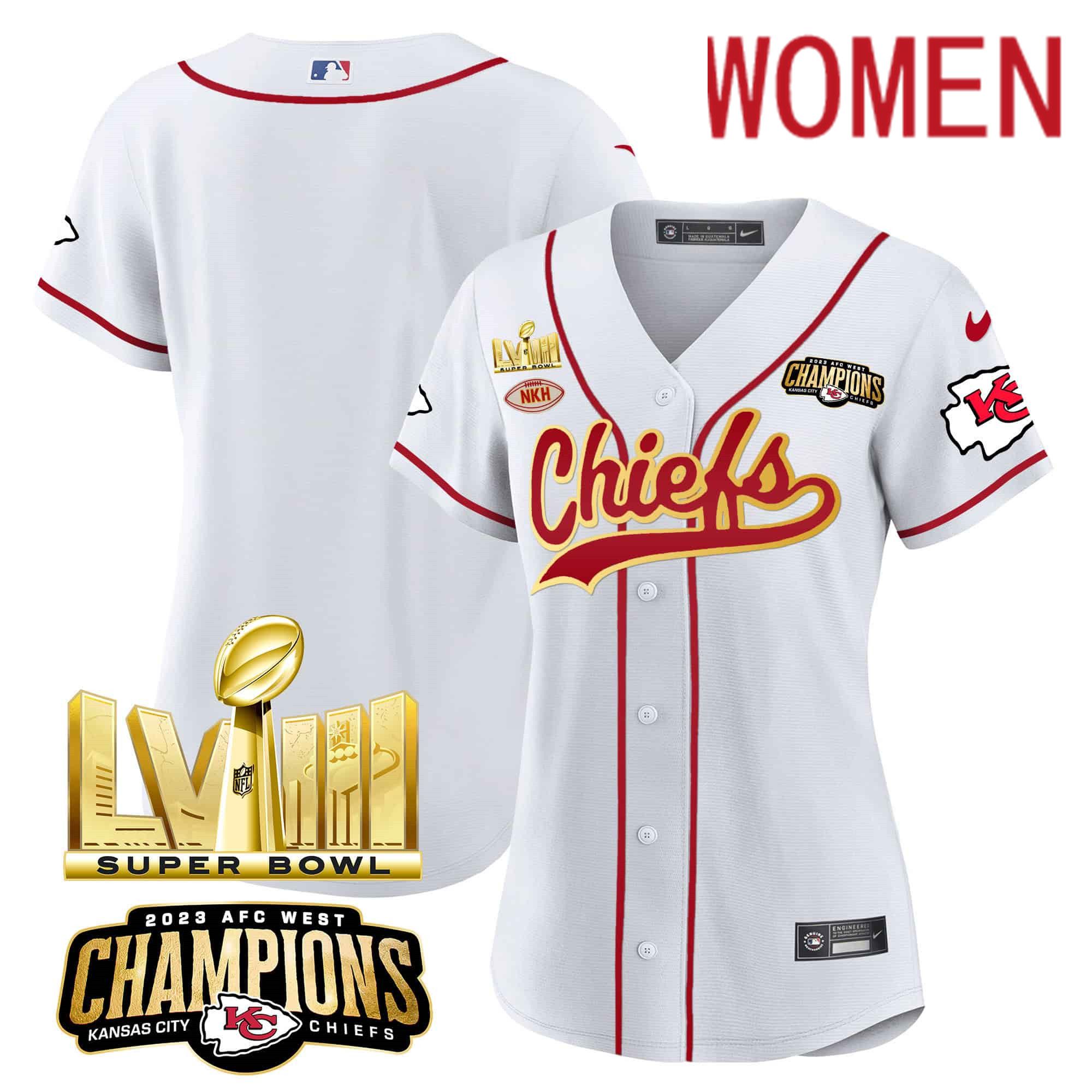 Women Kansas City Chiefs Blank White 2024 Nike Super Bowl LVIII Back-2-Back Gold Patch Baseball NFL Jersey